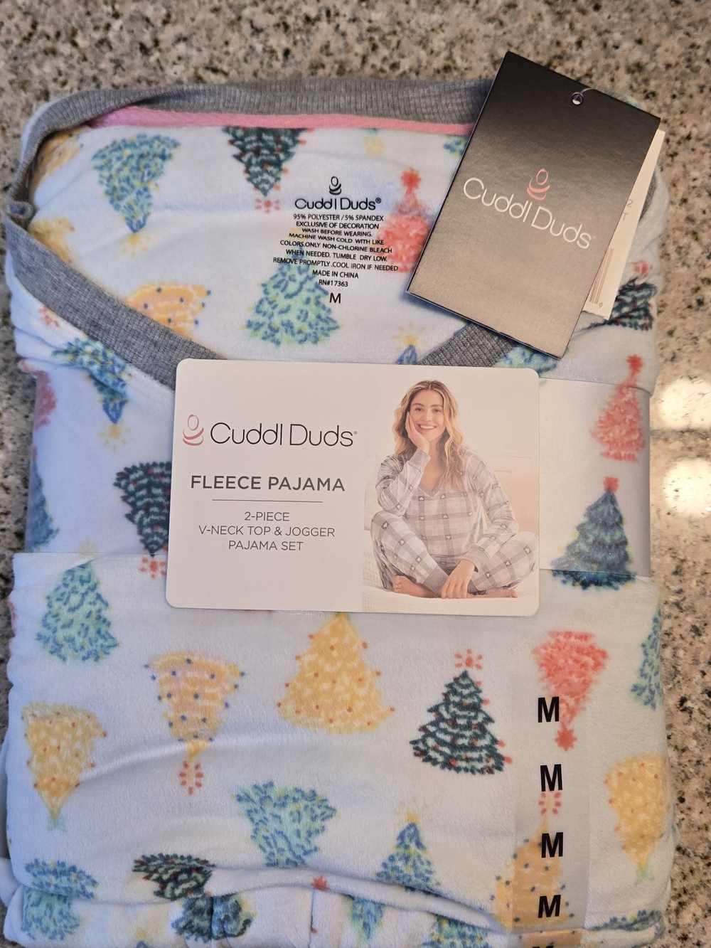 Cuddl Duds Light Blue Fleece Pajama Set with Multi-Color Tree Print